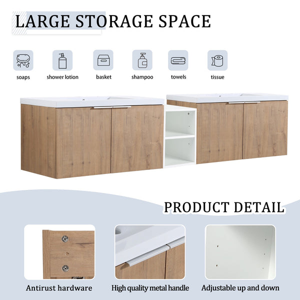 English Elm 84 Inch Wall Mounted Vanity with Dual Resin Sinks, Soft Close Doors, Metal Handles, Ample Storage Space Imitative Oak W999S00190
