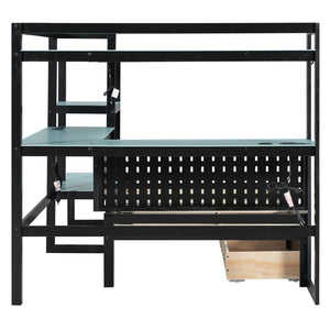 English Elm Twin Gaming Daybed with Led Strips Desk Pegboard Bookcase and Three Storage Drawers Black+Blue N820S00083C