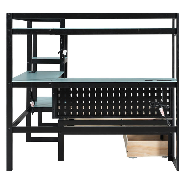 English Elm Twin Gaming Daybed with Led Strips Desk Pegboard Bookcase and Three Storage Drawers Black+Blue N820S00083C