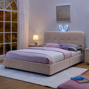 English Elm Queen Boucle Upholstered Kids Bed with Rabbit Ear Headboard Led Lighting Storage Drawers Pink W1413P384926