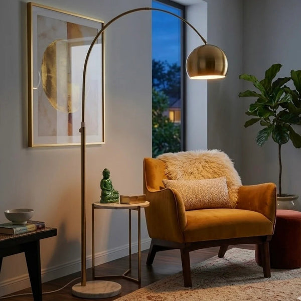 English Elm Oasis Sculptural Brass Arm Floor Lamp with Adjustable Head and White Marble Base B183P231747