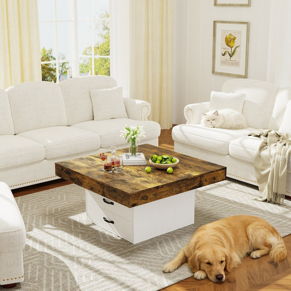 English Elm Coffee Table Square Led Lit Engineered Wood Farmhouse Design with Storage Drawers White W1550P317688
