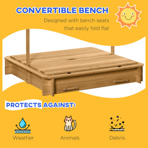 English Elm Outsunny Cedar Wood Kids Sandbox with Adjustable Canopy and Foldable Bench Seats W2225P200655