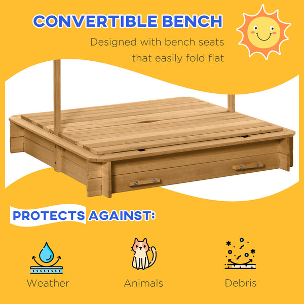 English Elm Outsunny Cedar Wood Kids Sandbox with Adjustable Canopy and Foldable Bench Seats W2225P200655