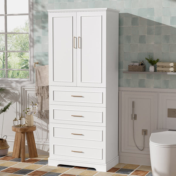English Elm 72.2'' Tall Freestanding Bathroom Cabinet with 3 Drawers, Adjustable Shelf, Soft-Close Doors, Modern Elegant Design White N729P296769K