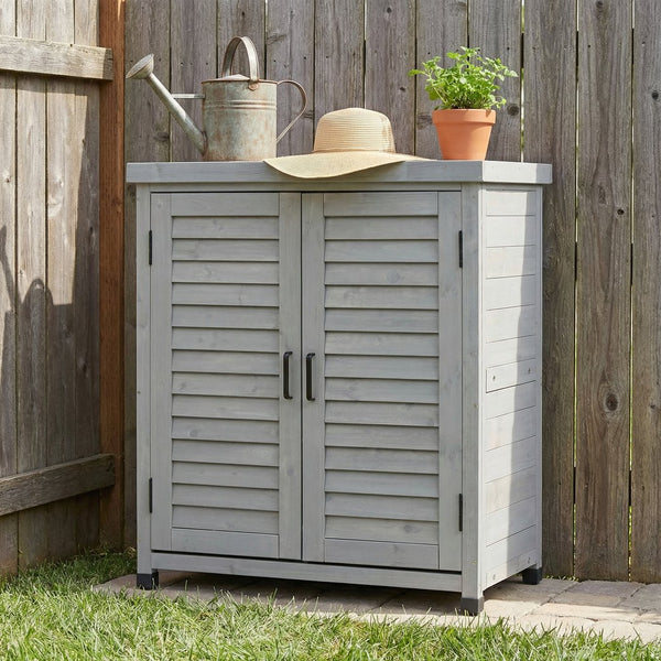 English Elm Potting Bench Solid Wood Workstation with Metal Top Louvered Cabinet Outdoor Garden Grey W2640P228394