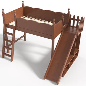 English Elm Twin Loft Bed Solid Pine Frame with Wardrobe Shelving Detachable Slide Kids Room Antique Natural W5305S00020