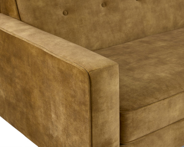 Sunpan Palmyra Sofa - Elegant Mid-Century Design with Spacious Comfort and Dark Brown Rubberwood Legs Nono Tapenade Gold