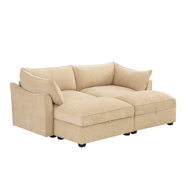 English Elm 2-Seater Sofa With 2 Movable Footstools, Stylish Chenille Fabric, Wheat Color & Hidden Storage Drawers W3041S00174