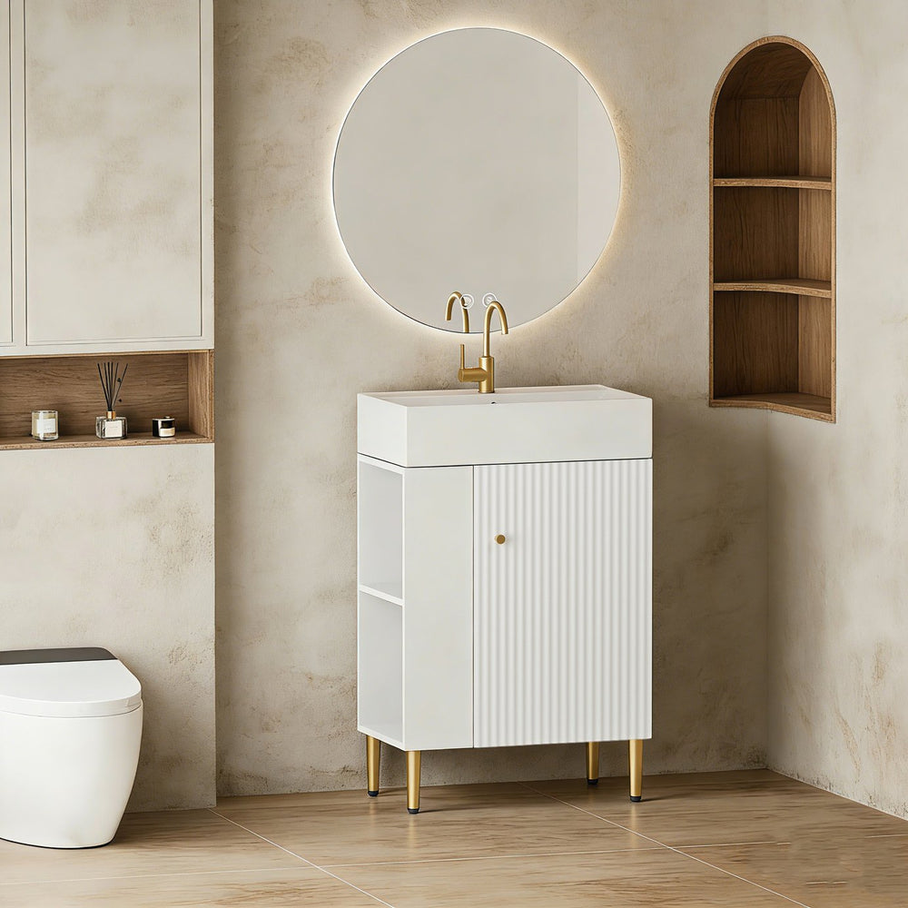 English Elm 21.6" Bathroom Vanity with Ceramic Sink Open Shelf Wave Door White Finish W1573S00019
