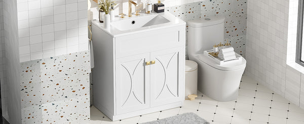 English Elm 30'' Bathroom Vanity With Ceramic Sink Combo - Modern Freestanding Cabinet, Gold Handles & Soft-Close Doors N710P194898K