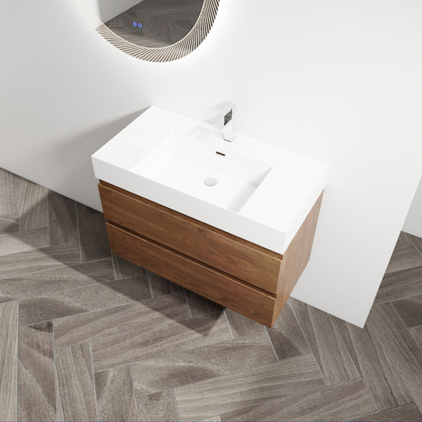 English Elm 36" Wood Grain Bathroom Vanity with Thick Resin Sink, 2 Soft-Close Drawers, KD Eco Plywood Finish W999S00201