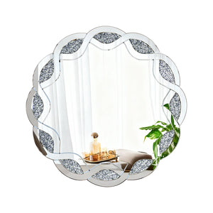 English Elm Silver Wave Frame Round Wall Mirror with Diamond Beveled Facets for Glam Home Decor W1445P370440