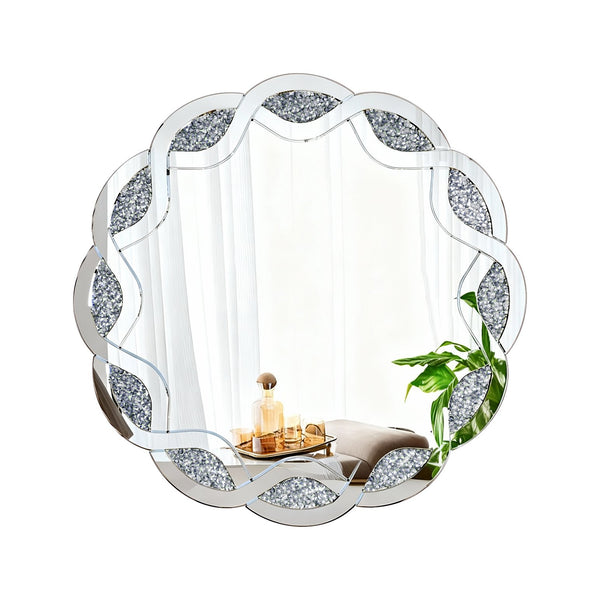 English Elm Silver Wave Frame Round Wall Mirror with Diamond Beveled Facets for Glam Home Decor W1445P370440