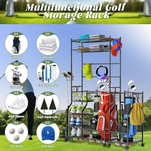 English Elm Golf Bag Vertical Rack Organizer Holds 3 Bags with Club and Accessory Shelves T3210P392618
