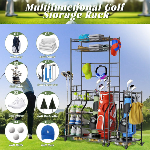 English Elm Golf Bag Vertical Rack Organizer Holds 3 Bags with Club and Accessory Shelves T3210P392618