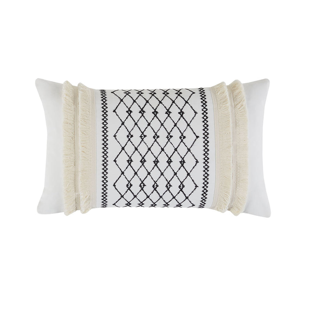 JLA Home INK+IVY - Embroidered Ivory Cotton Oblong Pillow with Geometric Chenille Fringe, Corner Tassels & Hidden Zipper II30-998