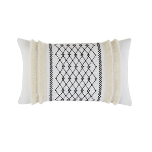 JLA Home INK+IVY - Embroidered Ivory Cotton Oblong Pillow with Geometric Chenille Fringe, Corner Tassels & Hidden Zipper II30-998