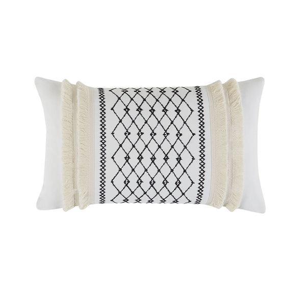 JLA Home INK+IVY - Embroidered Ivory Cotton Oblong Pillow with Geometric Chenille Fringe, Corner Tassels & Hidden Zipper II30-998