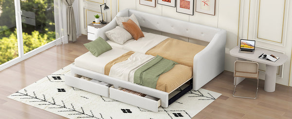 English Elm Twin XL Upholstered Daybed with Two Drawers — Convertible King Sofa Bed, Buttoned Back, Linen Upholstery Beige DL002056AAA