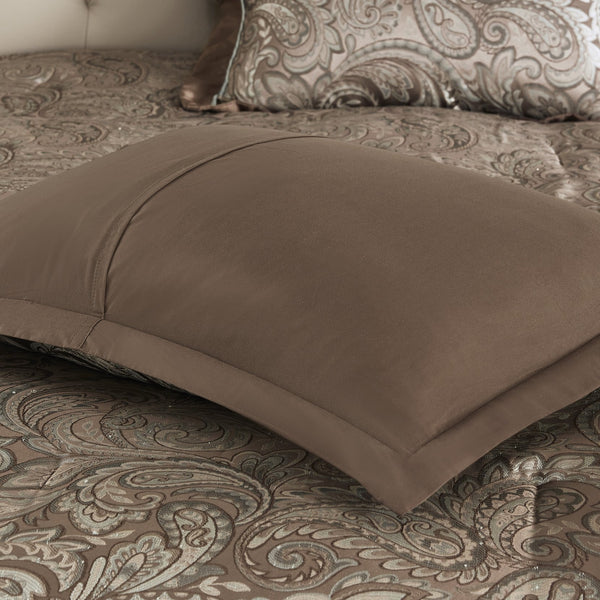 English Elm 12 Piece Madison Park Aubrey Bed Set Full - Jacquard Paisley Comforter, Reversible Sand, 200TC Cotton Sheets, Blue-Taupe Elegance B035128823