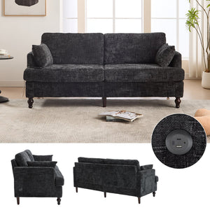 English Elm Modern chenille 2-seater sofa with LED lighting, USB charging, storage pocket, sturdy wood legs Black W395P318548