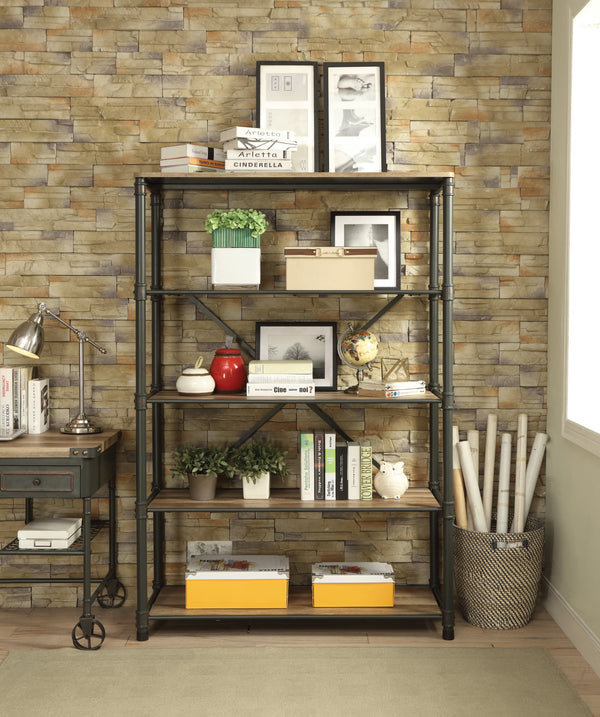 English Elm Itzel Industrial Steel Frame Bookshelf with Warm Oak Veneer Shelves for Home Office B2726P256219
