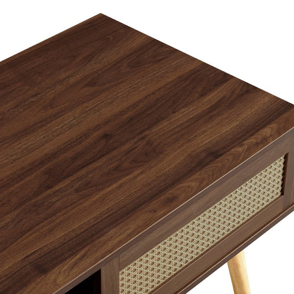 English Elm Pe Rattan Coffee Table With Sliding Storage Door, Solid Wood Legs, Modern Walnut Finish For Living Room W1265P236868-GIGA