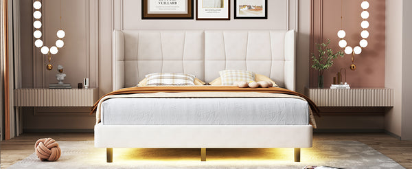 English Elm Queen Upholstered Platform Bed with LED Lights, U-Shaped Headboard, Linen Fabric, Sturdy Metal Legs Beige SF000151AAA