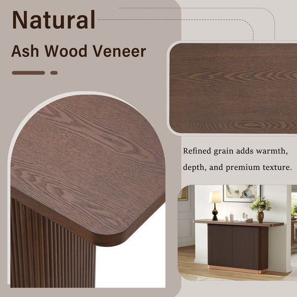 English Elm Console Table with Ash Veneer Top Fluted Pedestal Base and Metal Accents for Entryway N760P359389D