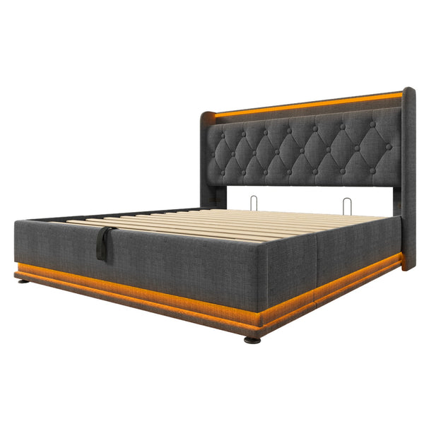 English Elm Queen Upholstered Bed with Surround LED, App/Remote Control, Hydraulic Storage, USB Type-C Charging Gray N736P188807G