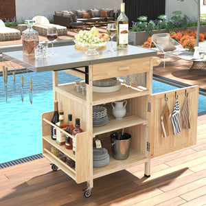 English Elm K&K 40.5" Outdoor Grill Cart with 201 Stainless Top, Solid Fir Storage, Drop Leaf & Lockable Wheels Natural N707P228272Y