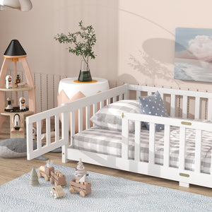 English Elm Twin Low Profile Rubberwood Floor Bed with Full Safety Fence for Toddler Rooms White W504P429270