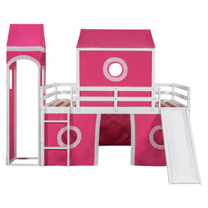 English Elm Full Size Kids Castle Loft Bed with Slide Tent and Tower Pinewood Play Structure LT000771AAH-1