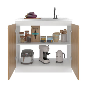 English Elm White and Oak Two-tone Kitchen Pantry Cabinet with Double Doors Three Interior Shelves B062S01868