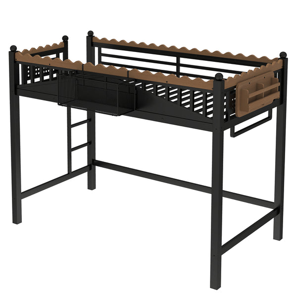 English Elm Twin Kids Platform Bed with Trundle Staircase Bookshelf and Rounded Safety Rails W1580S00380