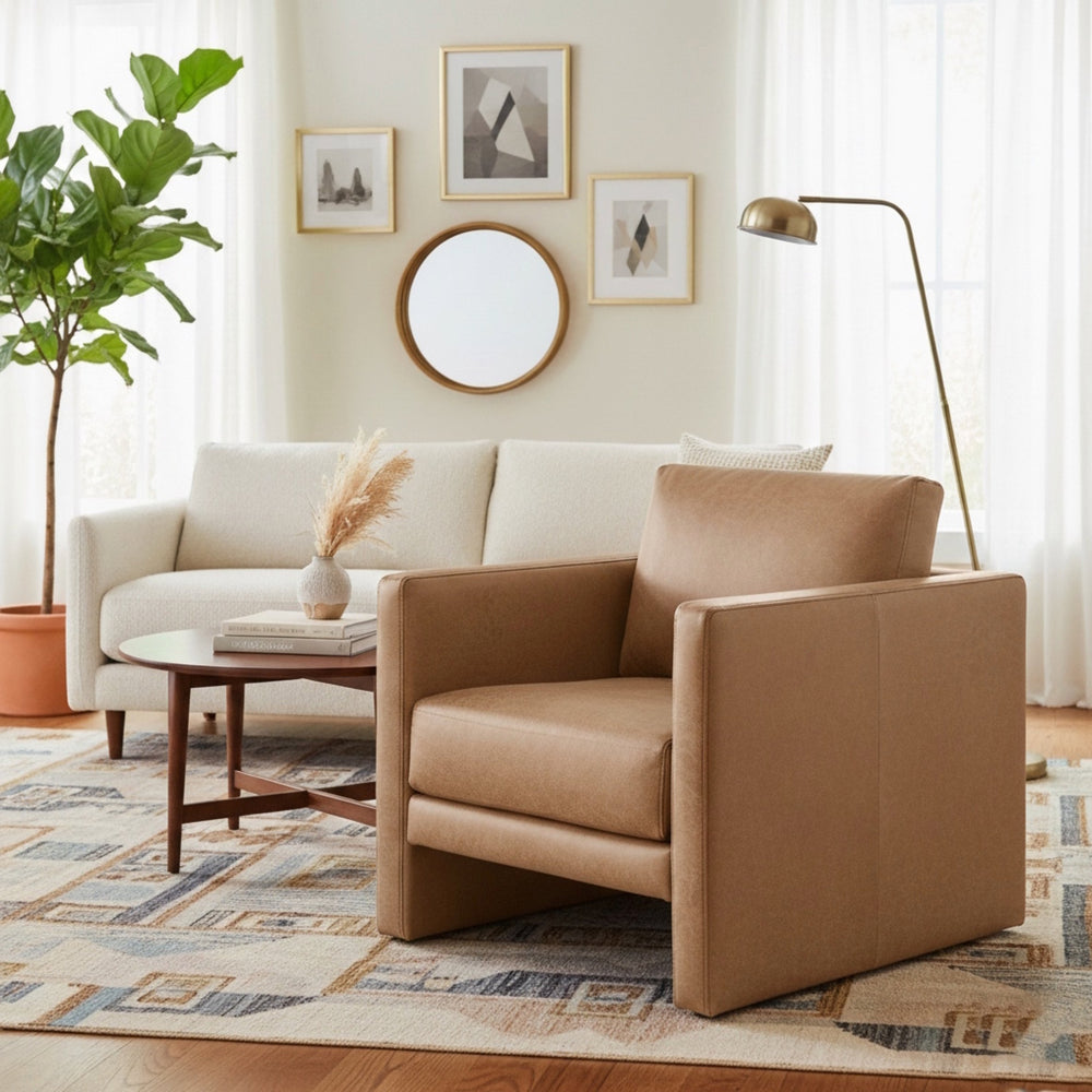 English Elm Tulo Honey Brown Faux Leather Arm Chair — Modern Tuxedo Club Chair, Plush Coil Seating, Easy-Clean Upholstery B050P390595