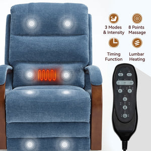 English Elm Power Lift Recliner Chair Chenille Upholstery Dual Motor Heat Massage Solid Wood Arms Blue W1803S00067