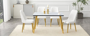English Elm Table and Chair Set Marble Glass Top Gold Legs Pu Leather Seats Modern Dining Black,White+Gold W1151S04651