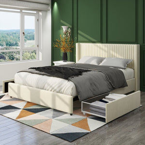 English Elm Same Anna Patented 2-Drawer Queen Storage Bed In Ivory Velvet - Modern Wingback Design With Support B191P191592-GIGA