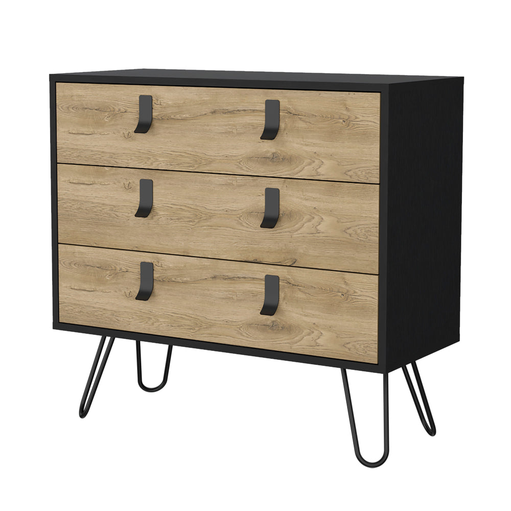 English Elm Kimball Modern Hairpin Legs Dresser, 3-Drawer Black/Macadamia Finish, Metal Handles, RTA Elegance B128P176106