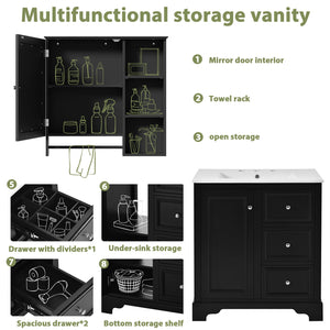 English Elm 30-inch bathroom vanity mirror cabinet set with ceramic sink, solid wood build, 3 drawers & shelves Black SV000028AAB