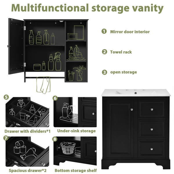 English Elm 30-inch bathroom vanity mirror cabinet set with ceramic sink, solid wood build, 3 drawers & shelves Black SV000028AAB