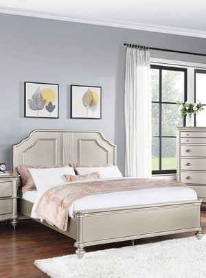 English Elm Traditional Eastern King Bed Carved Two Panel Headboard Satin Silver Formal Bedroom B011S02128