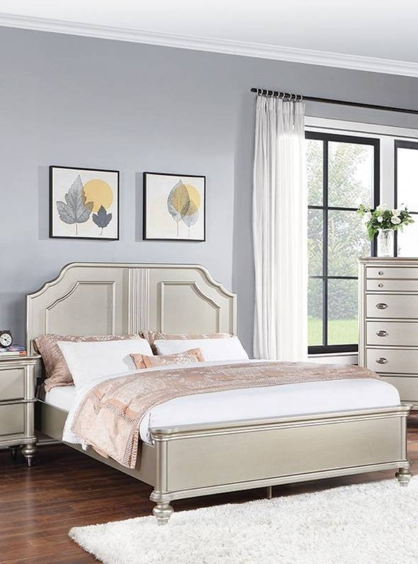 English Elm Traditional Queen Bed Silver Satin Finish Carved Panel Headboard for Master Bedroom B011S02129