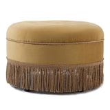 English Elm Yolanda 24" Round Upholstered Accent Ottoman, Gold Yellow Velvet With Gold Trim