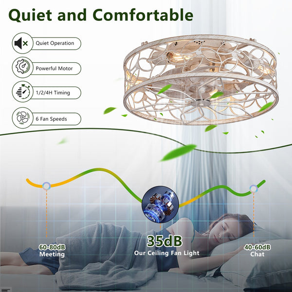 English Elm 18-inch Vintage Caged Ceiling Fan Light with Remote Control, Quiet DC Motor, Industrial Iron Design White W2312P374991