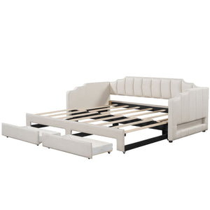 English Elm Twin Extendable Upholstered Daybed with Two Storage Drawers, LED Light, Slat Kit Included for Guests Beige N7500002061A