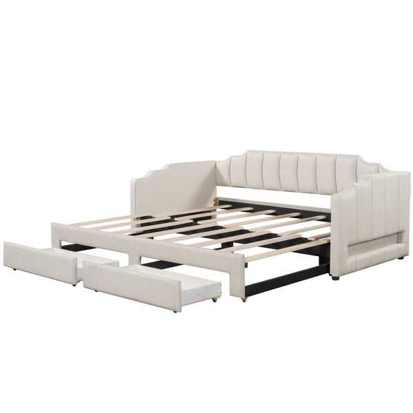 English Elm Twin Extendable Upholstered Daybed with Two Storage Drawers, LED Light, Slat Kit Included for Guests Beige N7500002061A