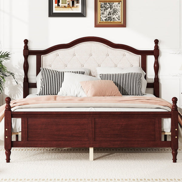 English Elm Queen Pine Wood Bed Upholstered Headboard Panel Footboard Classic Cherry Finish W504P181801